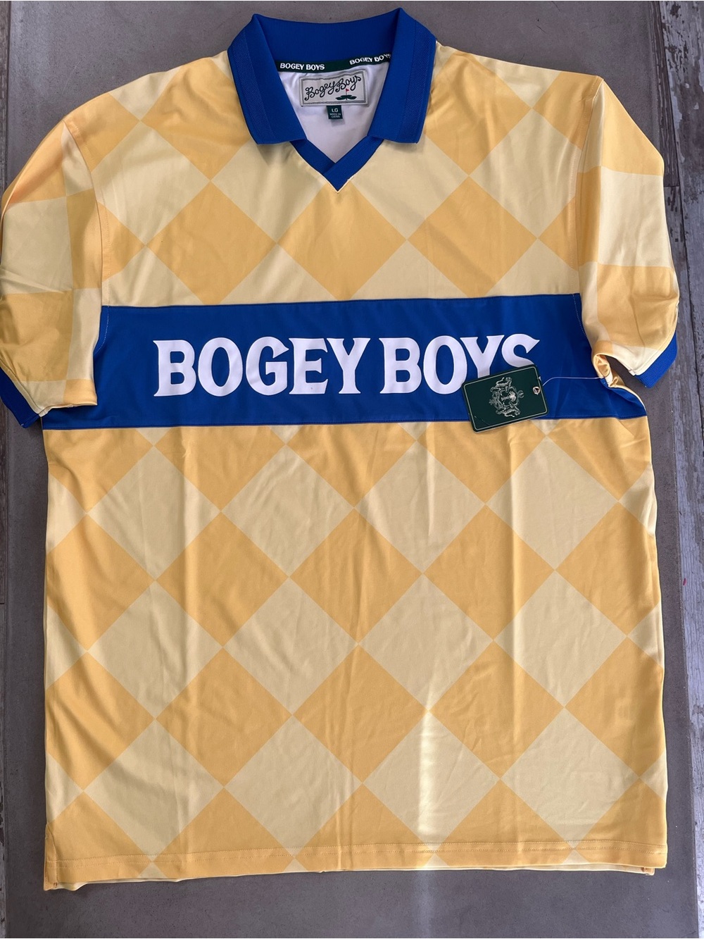 Bogey Boys Macklemore Men's Athletic Golf Polo Shirt Yellow Blue Large NWT